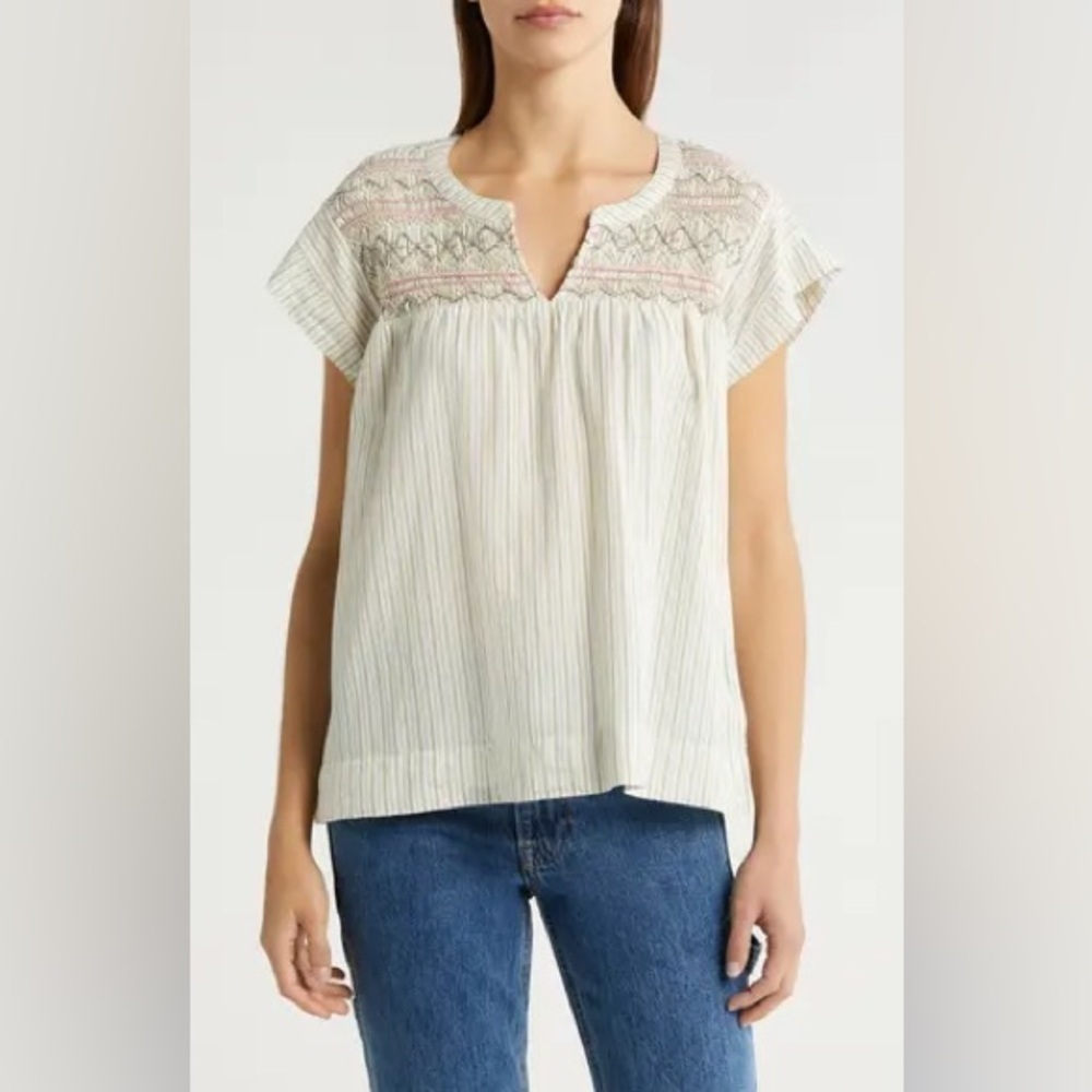 Lucky Brand Stripe Smocked Short Sleeve Cotton Top Medium